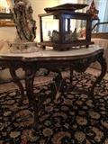 Antique marble top, walnut center parlor table, Rococo period, carved apron, cabriole hips and stretcher. c1840-1870