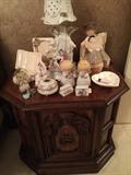 Bed side table, Guardian Angel lamp and other porcelain pieces