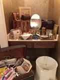 Wonderful vintage bathroom accessories, Vintage purses including crocodile, snake, leather and mesh. Antique trunk with tray, jewelry box.