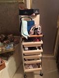 Great storage unit, hair styling items, vintage purse and shoes, lots of shells