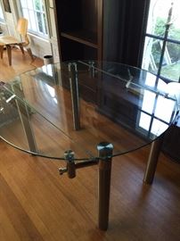 Glass and Steel Round Table with Drop Leaves 