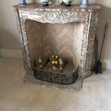 Mantle - French  Marble (PRICE TBD) , yellow majolica, Fireplace surround and tools $500