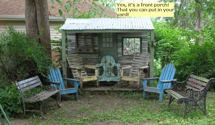 Old Adirondack chairs, a front porch facade, park benches