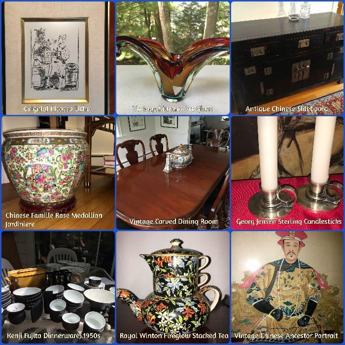 Vintage Chinese Famille Rose Medallion Jardiniere, Original Picasso Litho, Vintage Murano, Antique Chinese Furniture, Kenji Fujita dinnerware, Chinese Ancestor Portraits --- just some of the fantastic items in this eclectic collection!