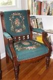 interesting chair, carved, with great needlepoint seat and back