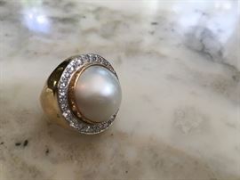Diamond Encrusted 14K Ring with Large Pearl