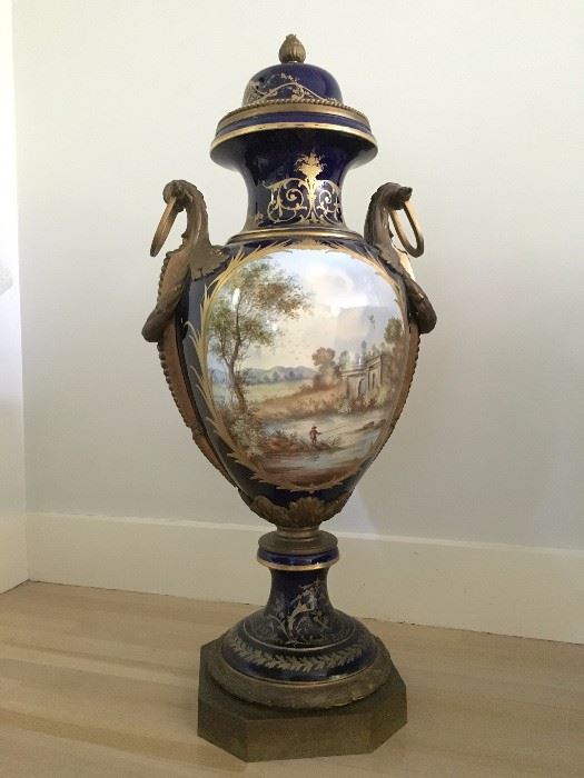 Late 19th Century Urn Hand Painted with Gilt, approx 3ft 