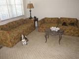 1960s low back matching sofas, Victorian style coffee table,, porcelain basset hound
