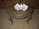 Victorian style coffee table, antique divided porcelain bowl with handle