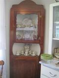 corner cabinet & antique china, chocolate pot & cups