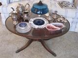 coffee table, silverplate pieces & sterling candleholders