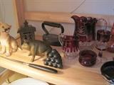 ruby glass, cast iron bank & pig