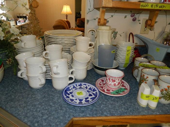 Set of dishes, plastic ware, cups, cup/saucer sets, miscellaneous kitchen