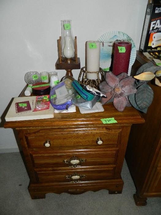 Bedside table, candles, decor items, miscellaneous