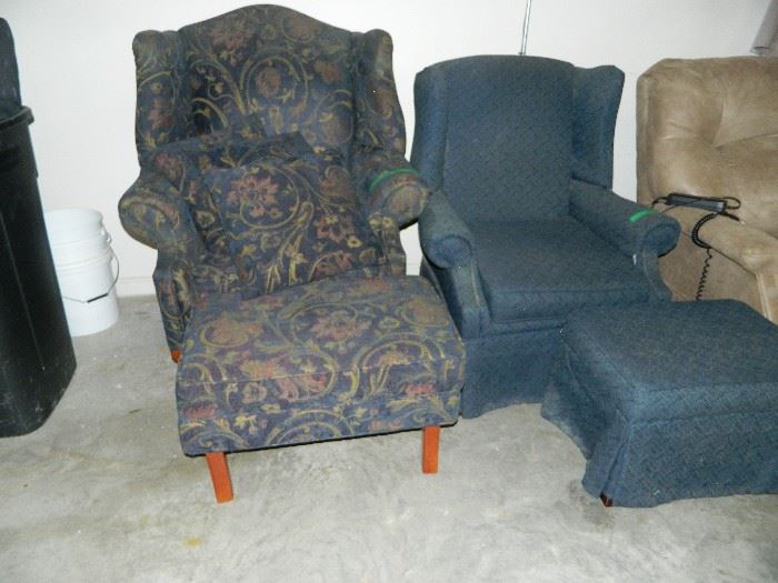 Two good chairs with matching stools