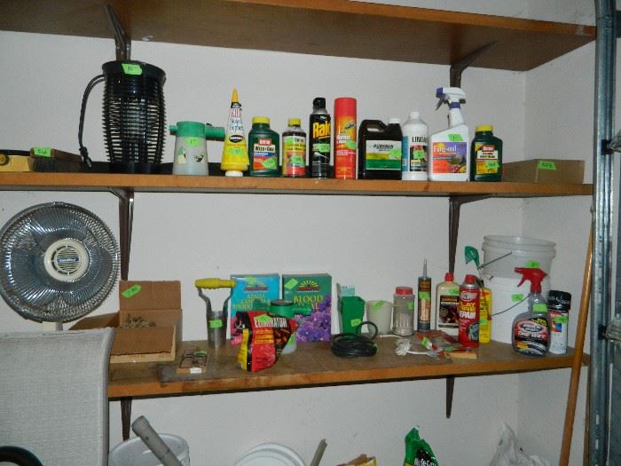 Lots of insecticides for flowers, misc car cleaning items, bug zapper, potting soil, etc.