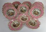 Antique Porcelain Plates with Pastoral Landscape, Gilt Edges & Pink Border