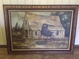 FRAMED VINTAGE FARM HOUSE & BUGGY OIL CANVAS
