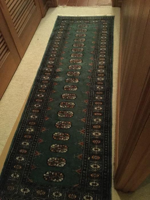 Hand knotted runner in teal green and coral