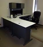 Composite Corner Desk with Overhead Storage and Worktable, Contents Not Included, 65"T x 94.5" x 96", Side Table 65"T x 71"W x 27"D