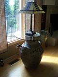 Occasional Table with Glass Top, Stained Glass Lamp