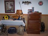 Vintage Fishing, Mounted Fish, Framed Artwork, Adlake Railroad Lantern, Fishing Creel