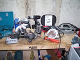 Craftsman Belt & Disc Sander, Devilbiss Air Power, Craftsman Industrial 7-1/4” Worm Drive Circular Saw, Craftsman Portable grinder, Makita Cordless Driver Drill, Craftsman 19.2 v Cordless Circular Saw