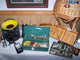 Vintage Fishing lures, Creel, Adlake Railroad Lamp