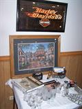 Harley Davidson book, picture, Harley's Diner framed art, glasses