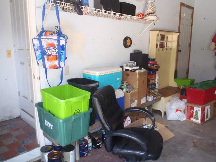 NICE OFFICE CHAIR, COOLERS, BENCH W/ COAT HOOKS ,MIRROR AND SEAT STORAGE.CHRISTMAS TREE, LOTS OF PAINT