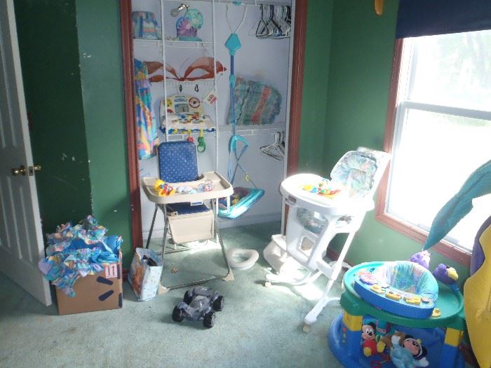 high chairs, walker, infant toys,