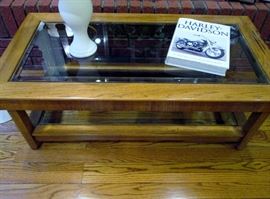 Glass and oak coffee table
