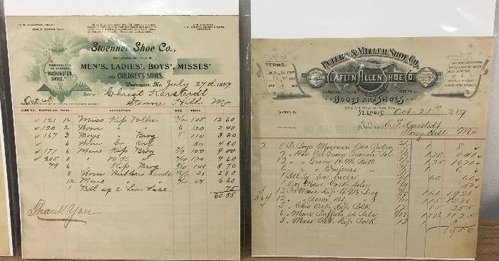St Louis, Mo business receipts 1899 from Stoener Shoe Company 1889 Laflin Allen Shoe Co. Many interesting paper items.