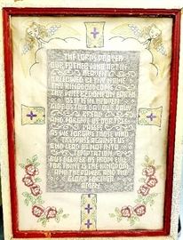 Very old Lord's Prayer embroidery and lacework framed