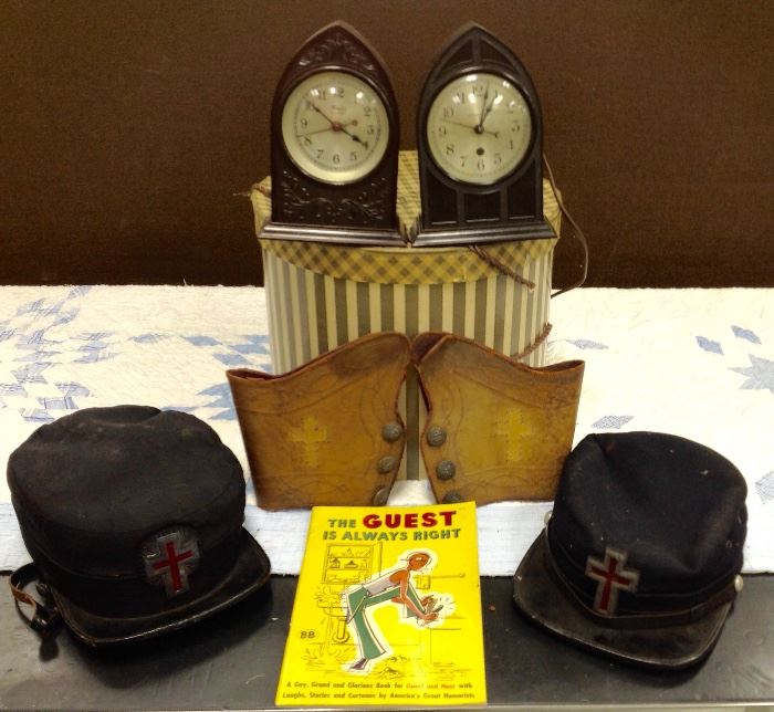 Old clocks and Fraternal Order Hats and Leather Cuffs