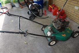 Lawn mower, power washer, gas cans, flowers