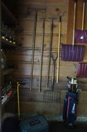 rackes, pitch fork, golf clubs, coca cola, oil lamps