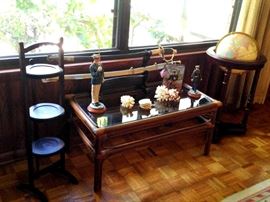 Bamboo coffee table, globe on stand