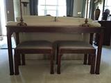 Mahogany sofa table and upholstered benches by Salem Square