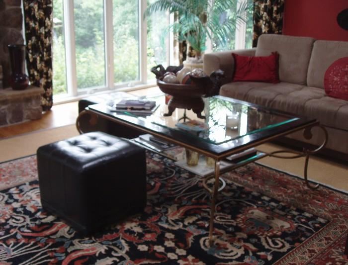 glass top large scale coffee table, sectional, one of many foot ottomans