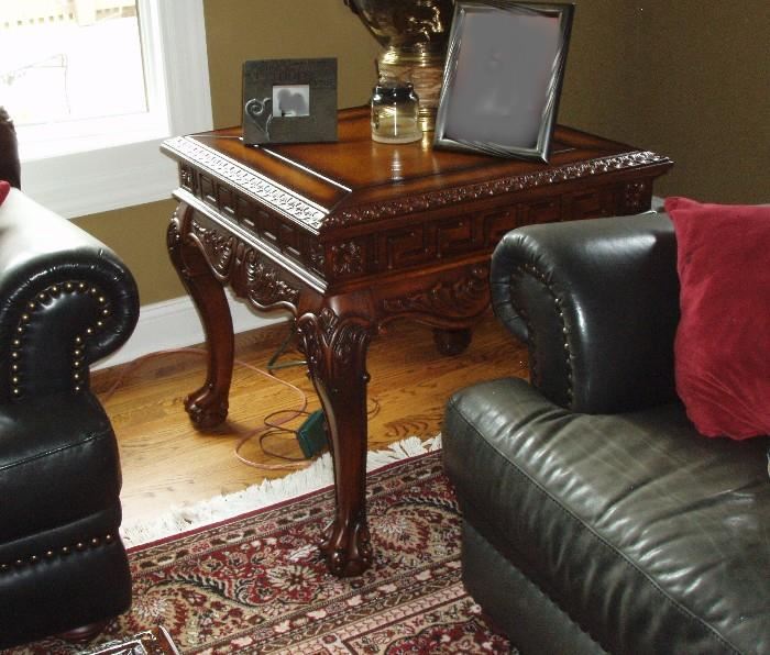 ornate end tables and matching square coffee table, claw feet