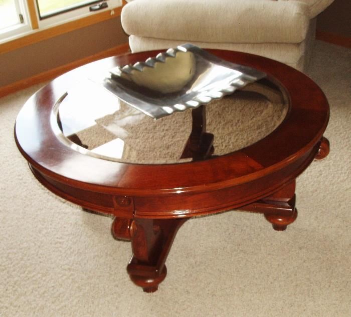 beveled glass round wood frame coffee table