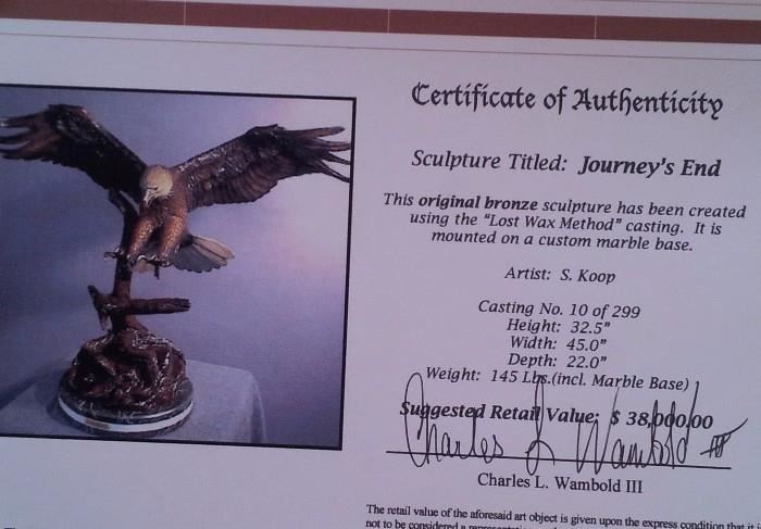 COA for S.Koop  "Journey's End" bronze eagle sculpture. 