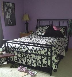 black iron queen size bed comes with night stands, dresser and mirror