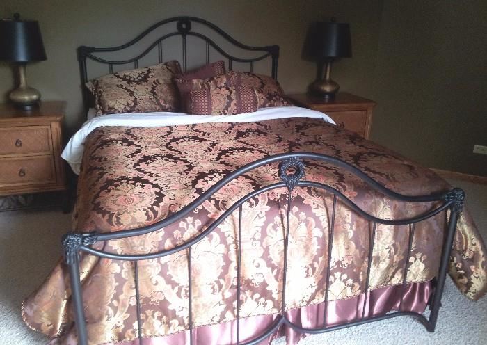 black iron queen size bed, comes with matches end tables, dresser and mirror