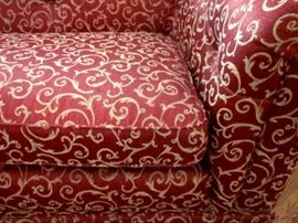 Very nice sofa with tufted back and continuous rolled arms and back.  Solid and well made (maker unknown, as it has been reupholstered).
