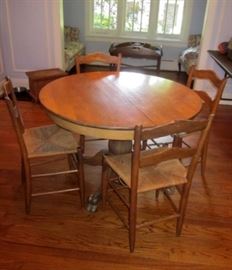 Antique 42" round table.  Solid oak pedestal base with carved feet, on wheels, pine top - minor condition issues.