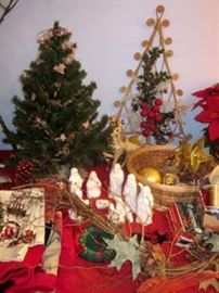 Small Christmas trees, ornaments, small Nativity set, and misc.