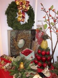 Holiday wreaths, solid wood garland, apple/pineapple tree, berry branches, etc.
