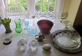 Nice tabletop items.  Green iridescent vase, hand blown amethyst bowl, Fenton candy dish, Limoges trinket box, sterling silver flashed tray, etc.